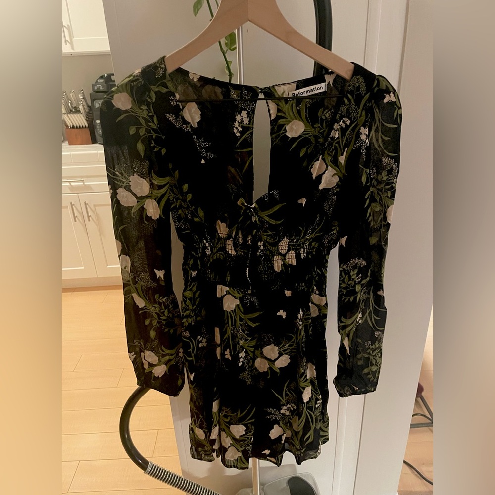 Reformation Remi Black and Green Floral Midi Dress